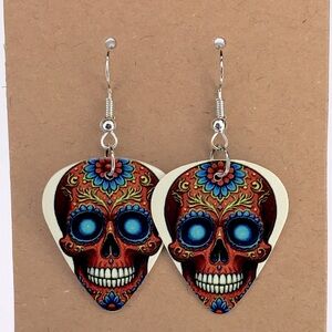 Day of the Dead Skull Guitar Pick Earrings - Blue & Red Fashion Jewelry